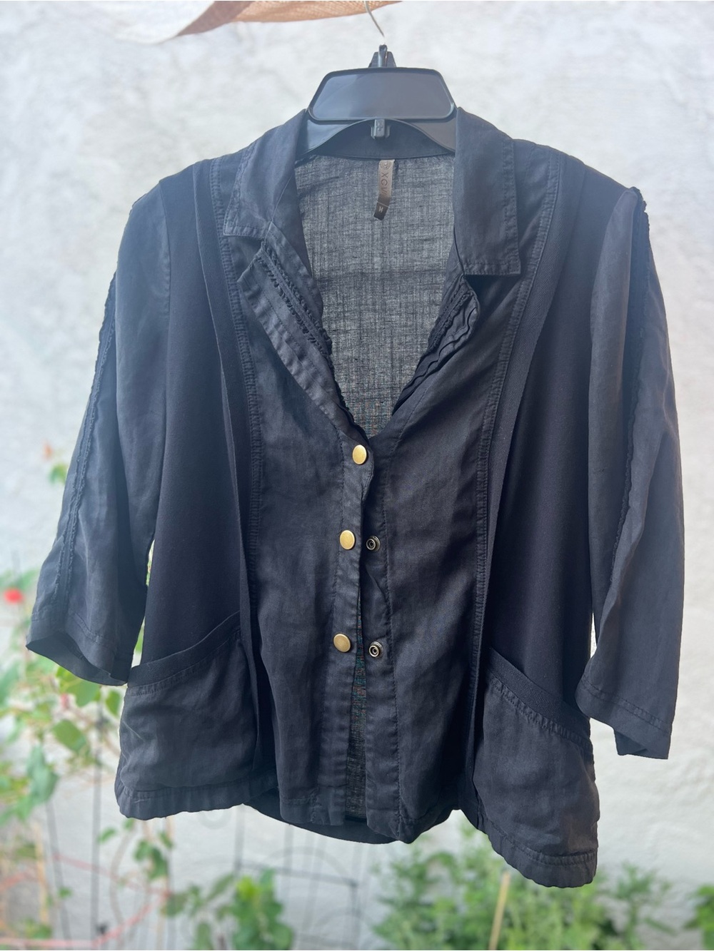 XCVI Black Button-Front Quarter Sleeve Jacket with Embroidery, Medium